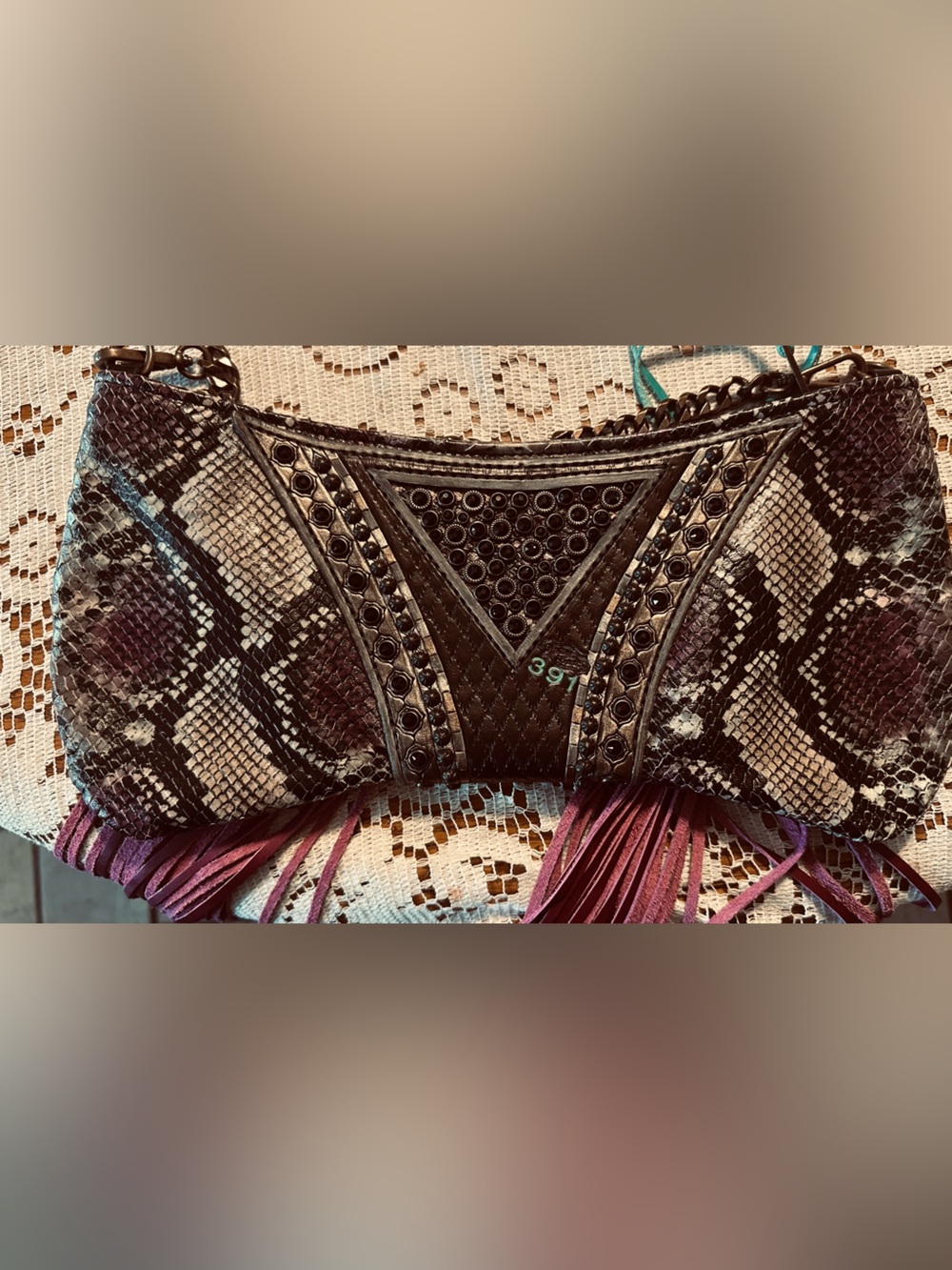 Heritage Brand Dashyn 391, Black, Gray, and Purple  Reptile Leather Clutch. OOAK